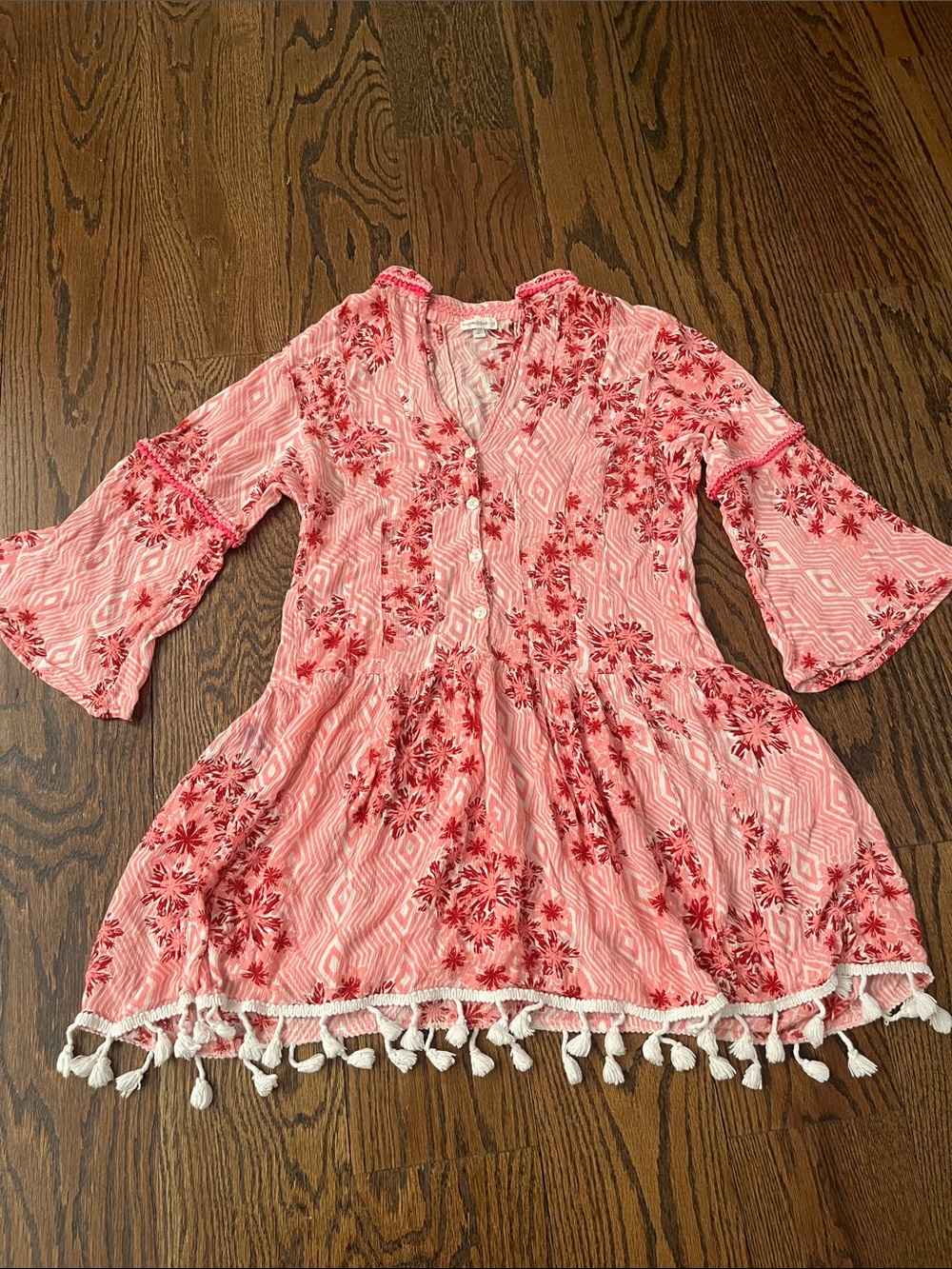 Poupette St. Barth Pink Viscose Embroidered Tassel Floral Tunic